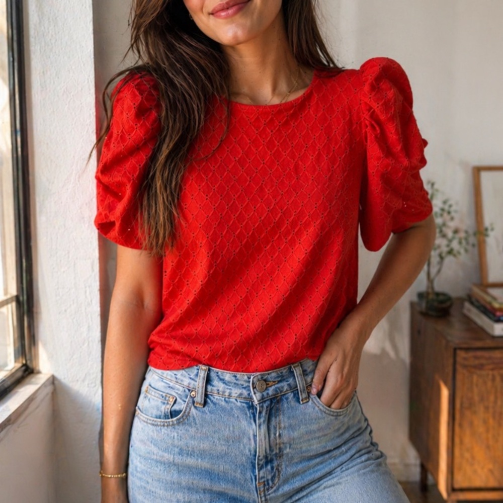 W5 Short Sleeve Red Eyelet Ruffle Sleeve Top Blouse